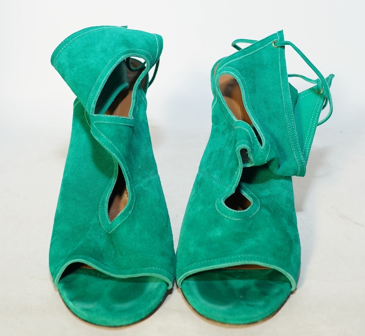 A pair of Aquazzura emerald suede open toe heels, in original box, size 41